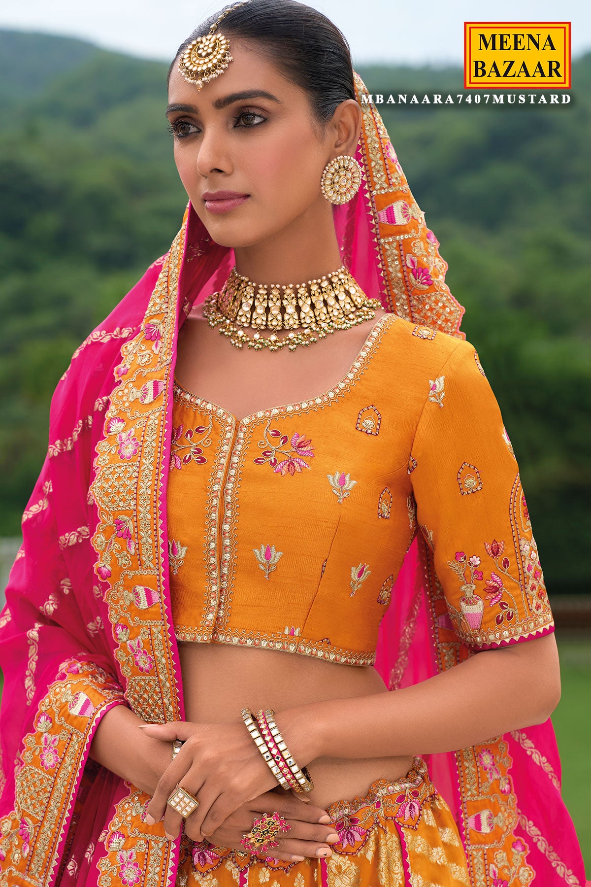 Mustard Organza Silk Zari Embroidered Lehenga