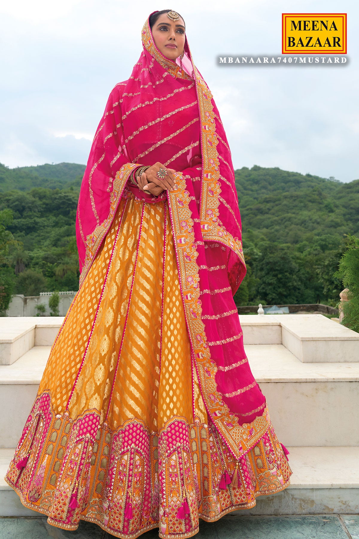 Mustard Organza Silk Zari Embroidered Lehenga