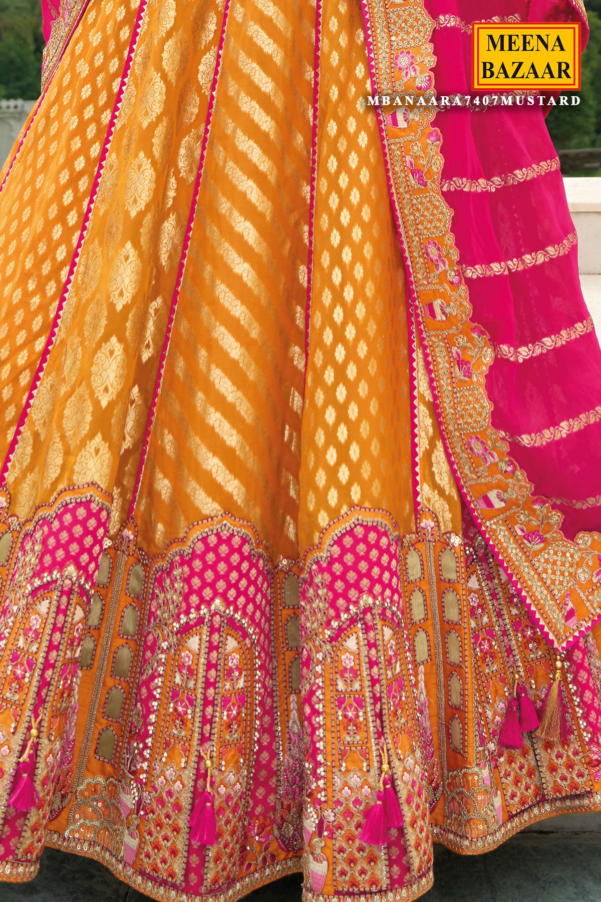 Mustard Organza Silk Zari Embroidered Lehenga