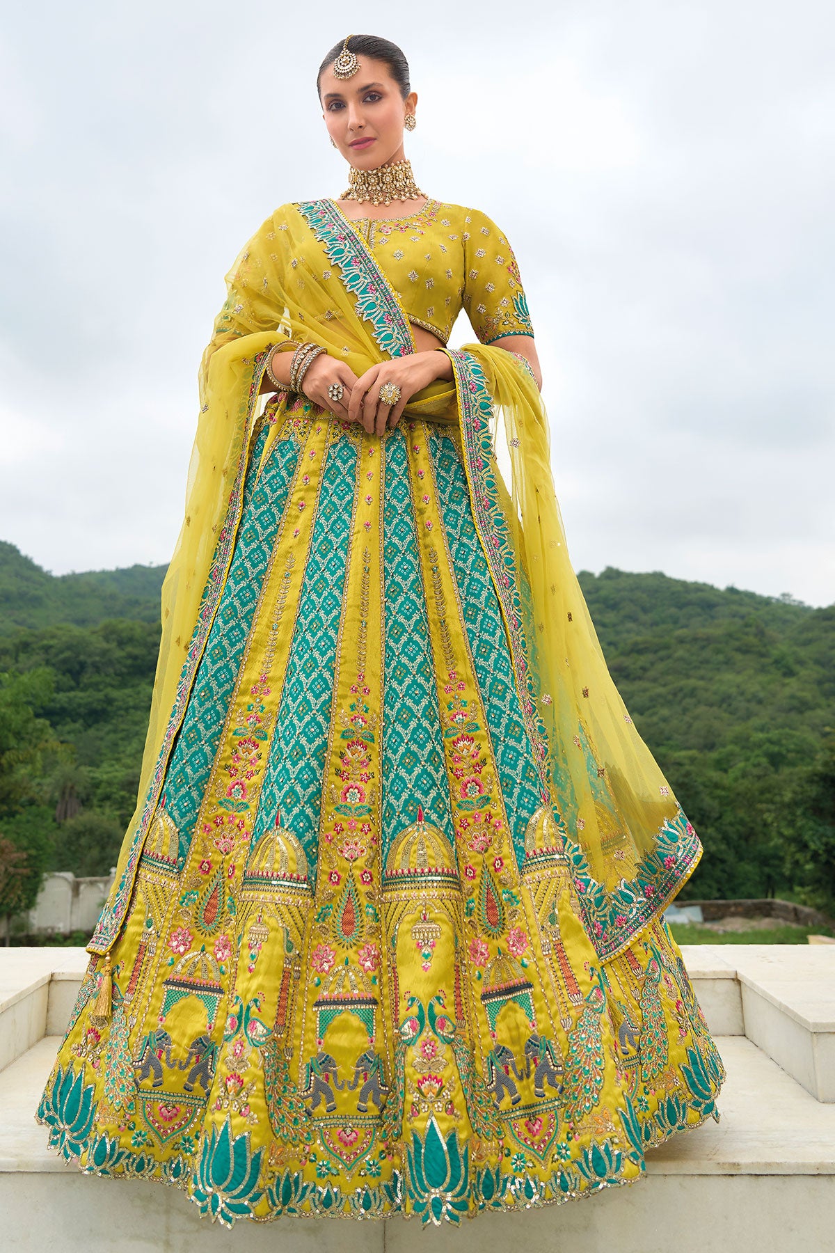 Mehandi Silk Zari Embroidered Lehenga