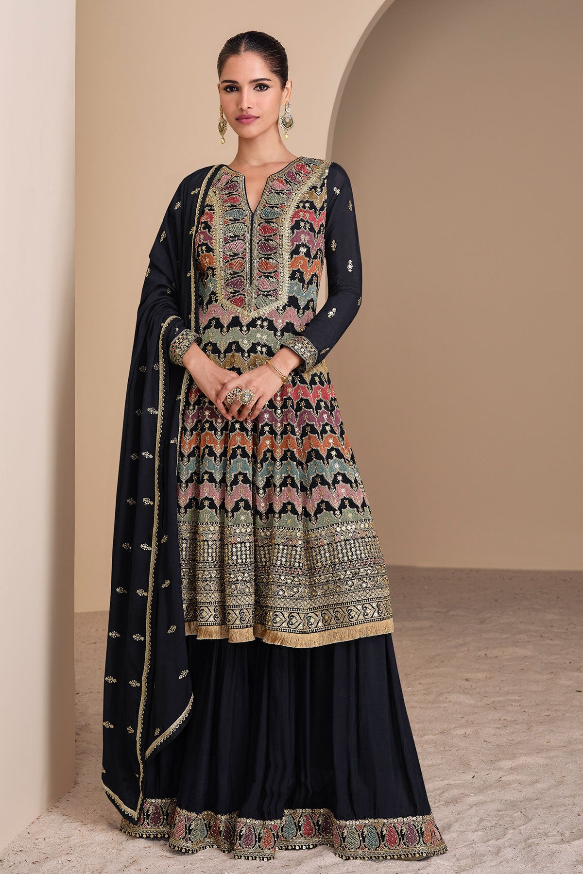 Navy Georgette Sequin, Zari Embroidered Suit Set