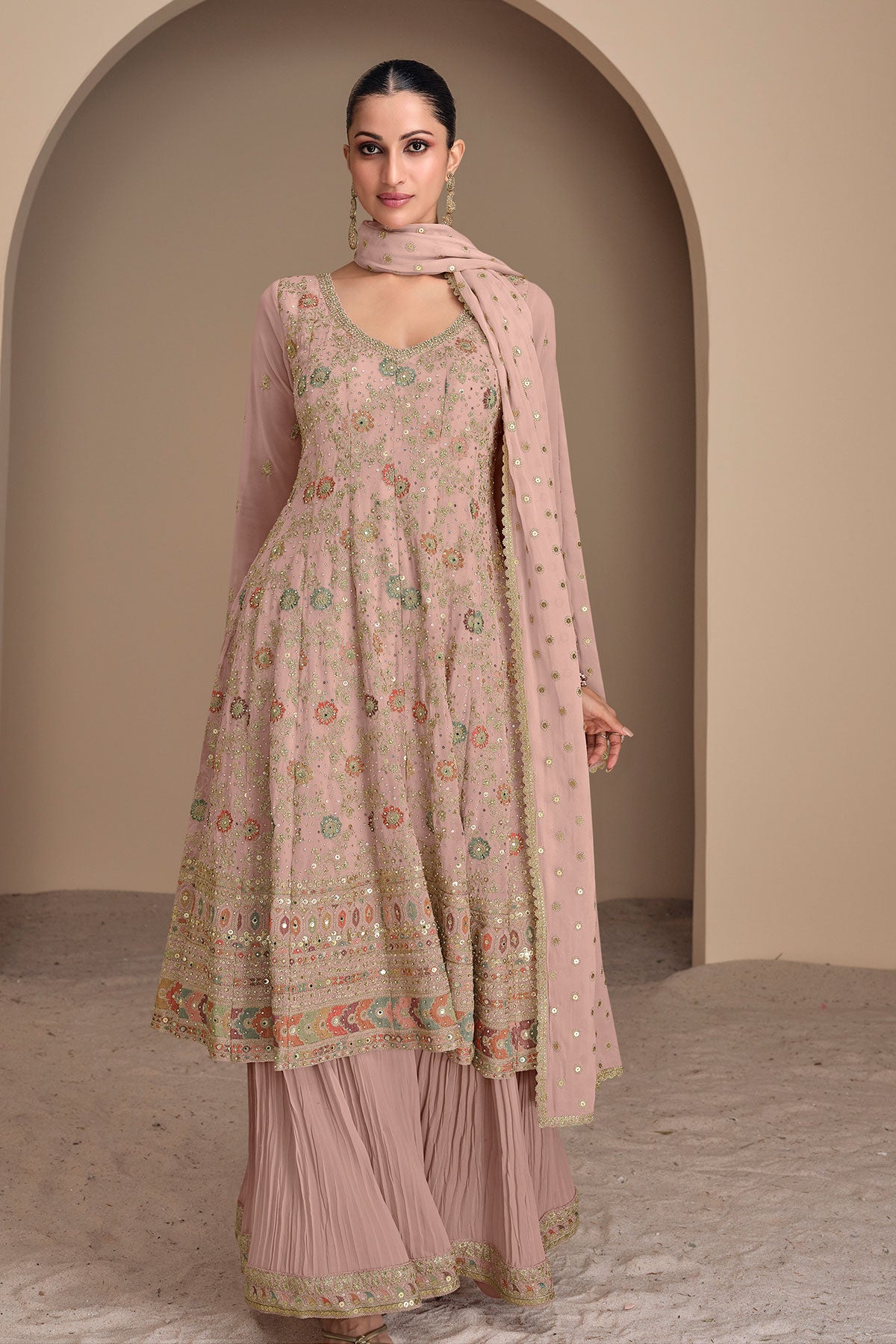 Blush Pink Georgette Sequin, Zari Embroidered Suit Set