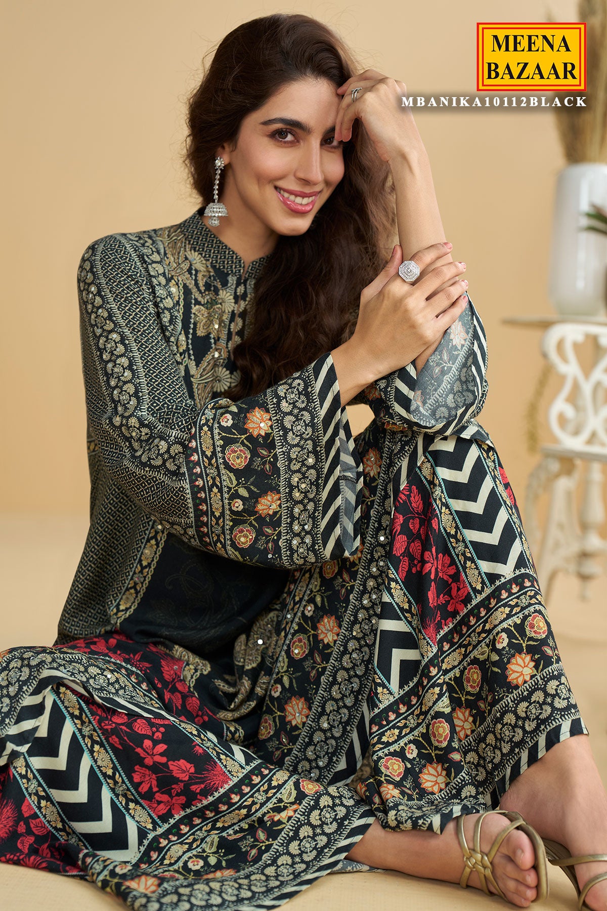 Black Printed Anarkali with Dupatta Suit Set with Elegant Ethnic Ready Made