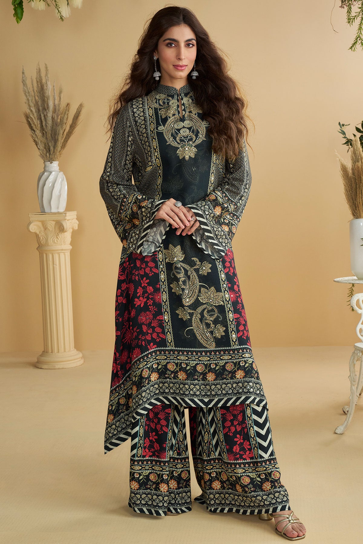 Black Printed Anarkali with Dupatta Suit Set with Elegant Ethnic Ready Made