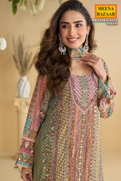 Pista Printed Embroidered with Dupatta Elegant Festive Wear Ready Made Suit
