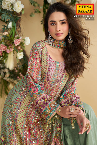 Pista Printed Embroidered with Dupatta Elegant Festive Wear Ready Made Suit