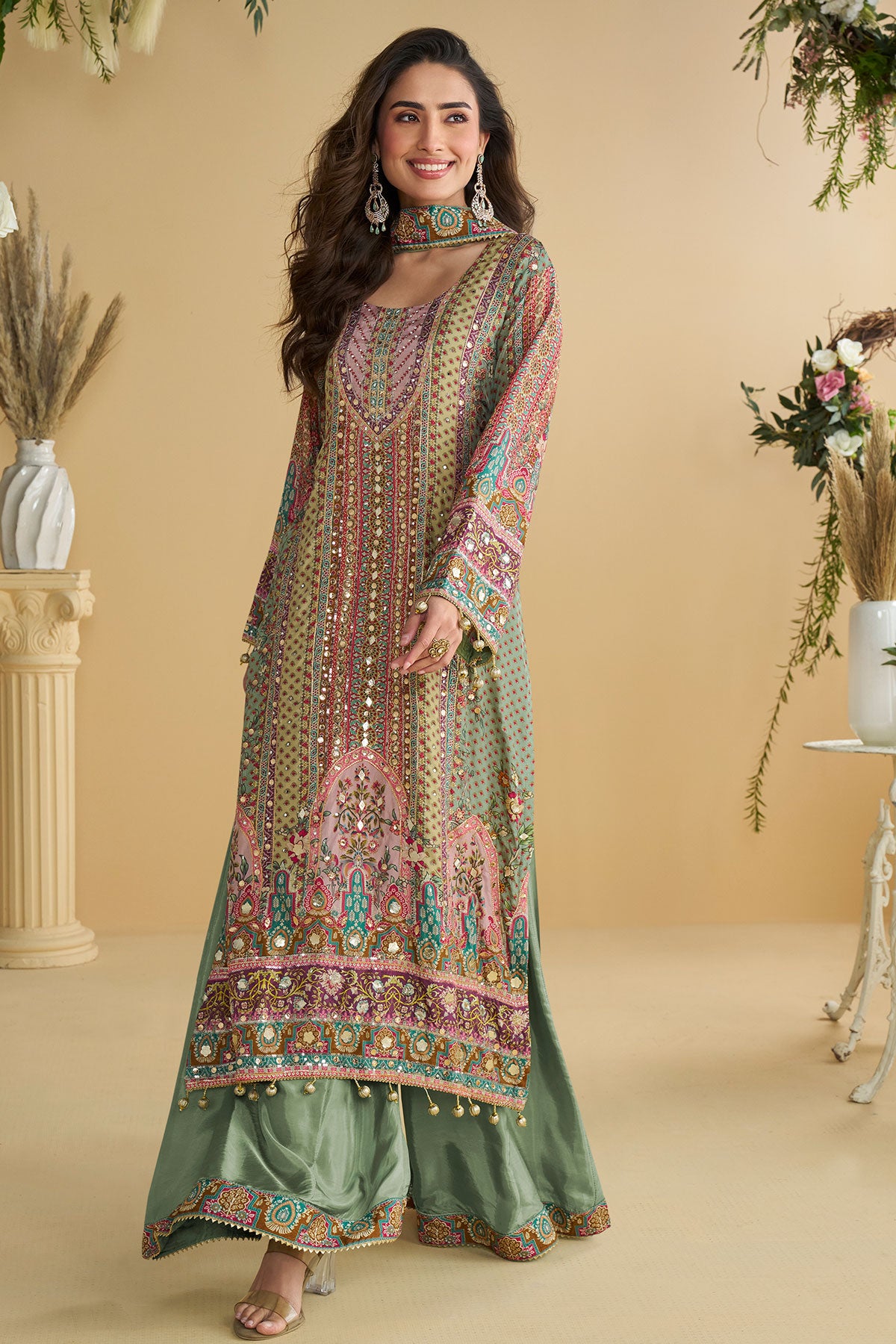 Pista Printed Embroidered with Dupatta Elegant Festive Wear Ready Made Suit