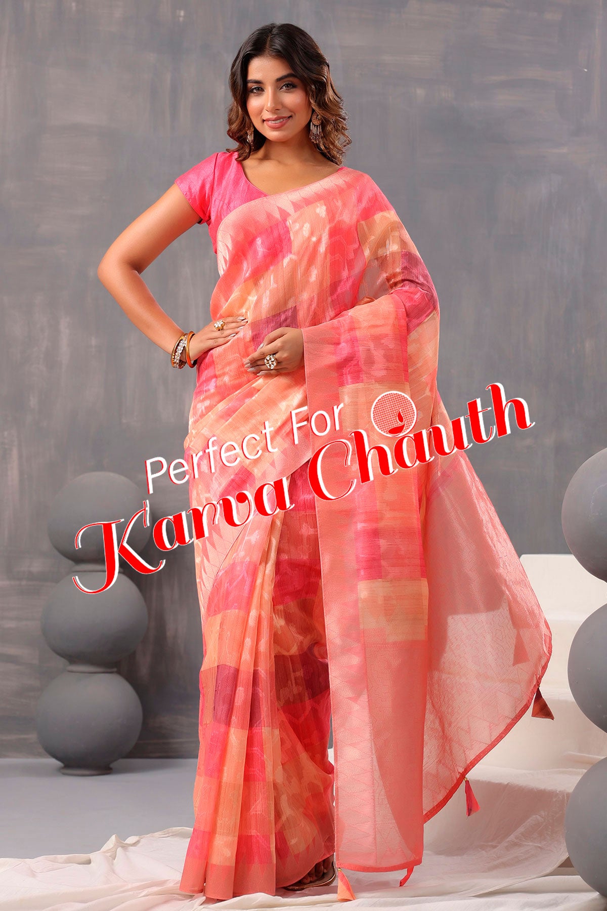 Peach & Pink Organza Weaving Saree