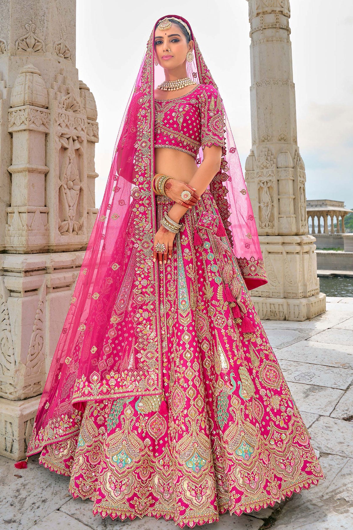 Rani Pink Banarasi Silk Khatli Work And  Handwork Embroidered Lehenga