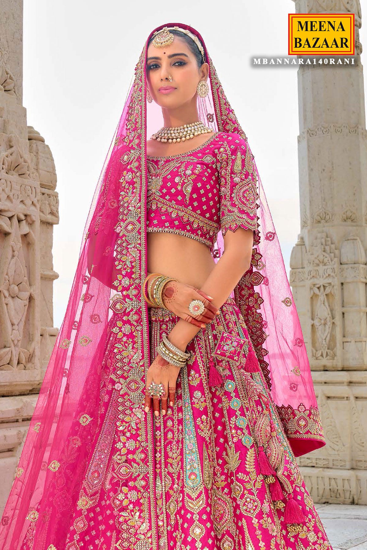 Rani Pink Banarasi Silk Khatli Work And  Handwork Embroidered Lehenga