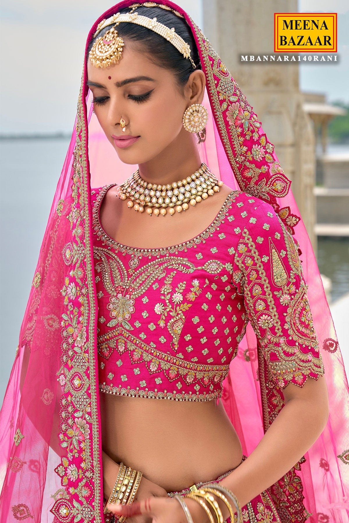 Rani Pink Banarasi Silk Khatli Work And  Handwork Embroidered Lehenga