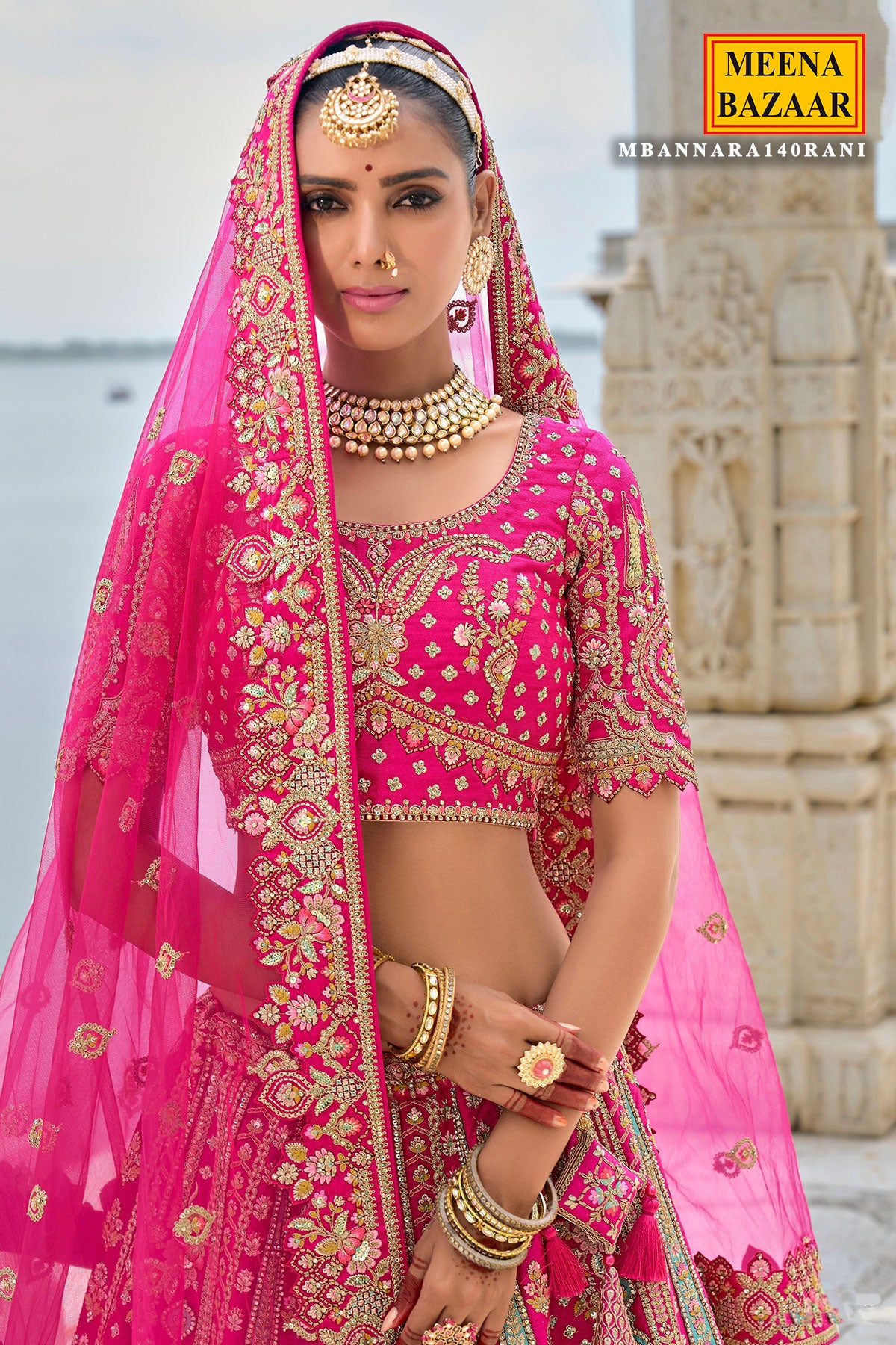 Rani Pink Banarasi Silk Khatli Work And  Handwork Embroidered Lehenga