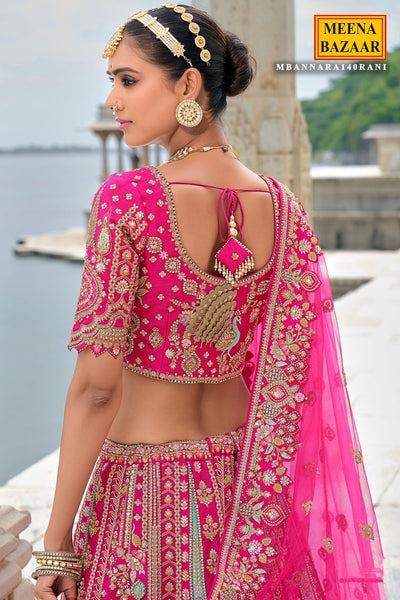 Rani Pink Banarasi Silk Khatli Work And  Handwork Embroidered Lehenga