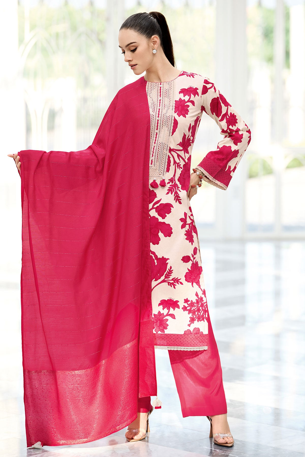 Red Cotton Printed Neck Lacework Unstitched Suit Set