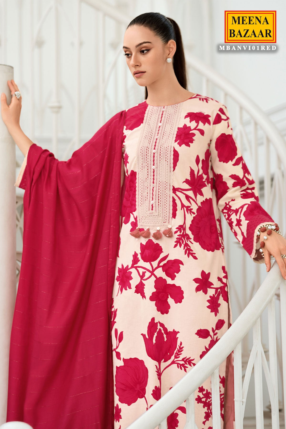 Red Cotton Printed Neck Lacework Unstitched Suit Set