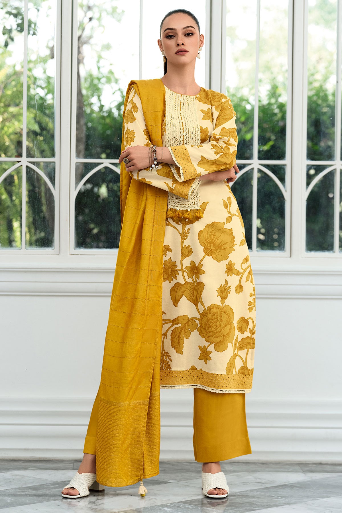 Mustard Cotton Printed Neck Lacework Unstitched Suit Set