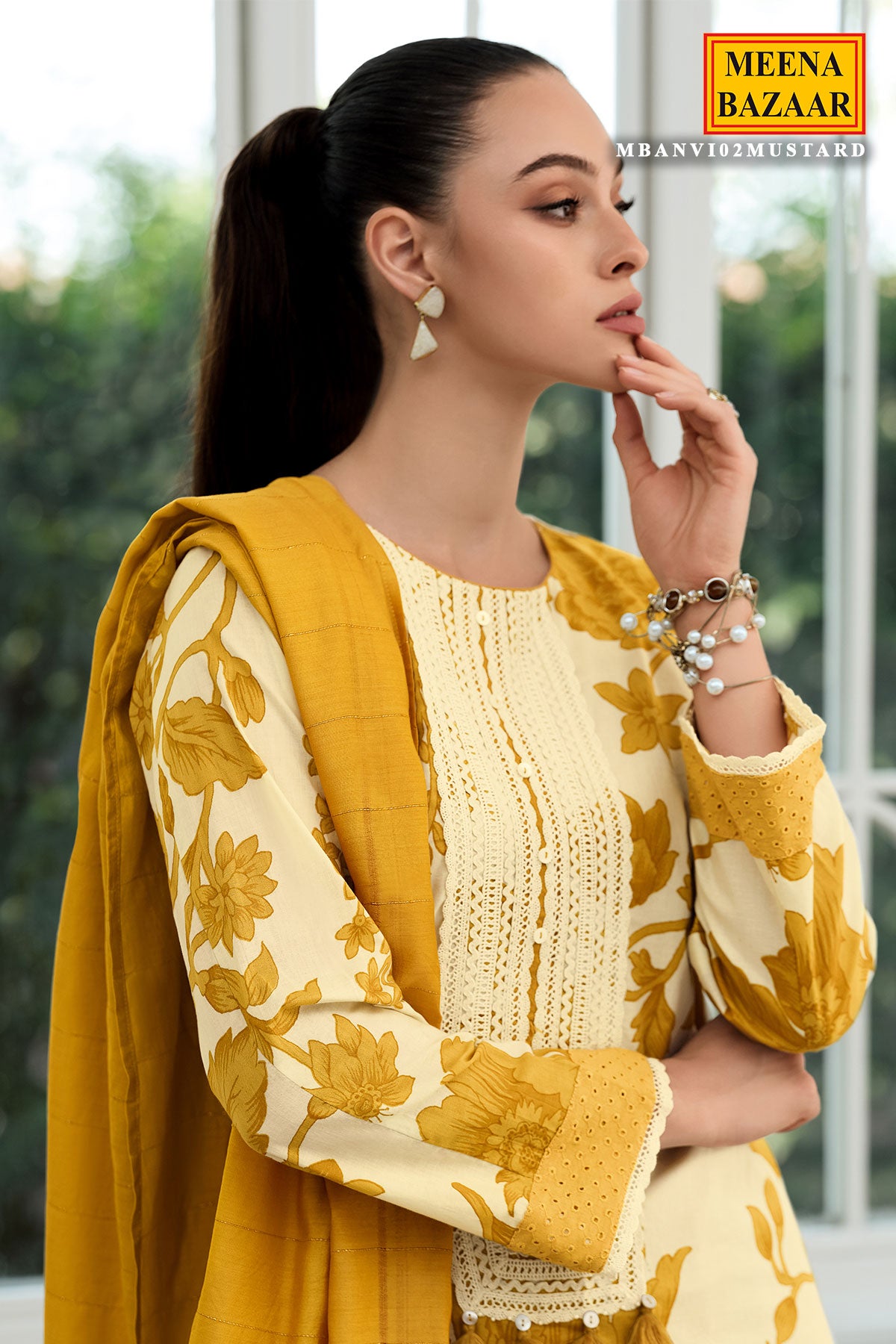 Mustard Cotton Printed Neck Lacework Unstitched Suit Set