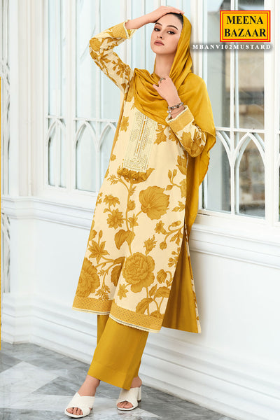 Mustard Cotton Printed Neck Lacework Unstitched Suit Set