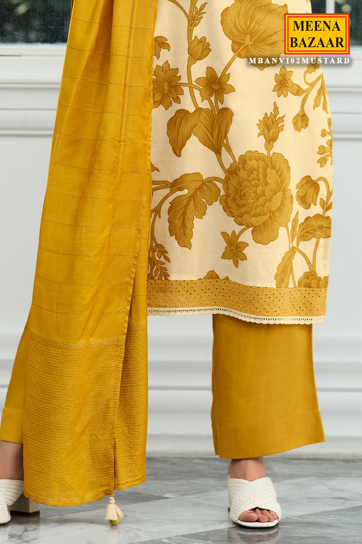 Mustard Cotton Printed Neck Lacework Unstitched Suit Set