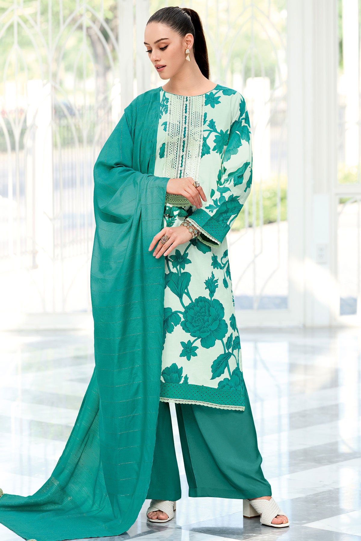 Rama Cotton Printed Neck Lacework Unstitched Suit Set