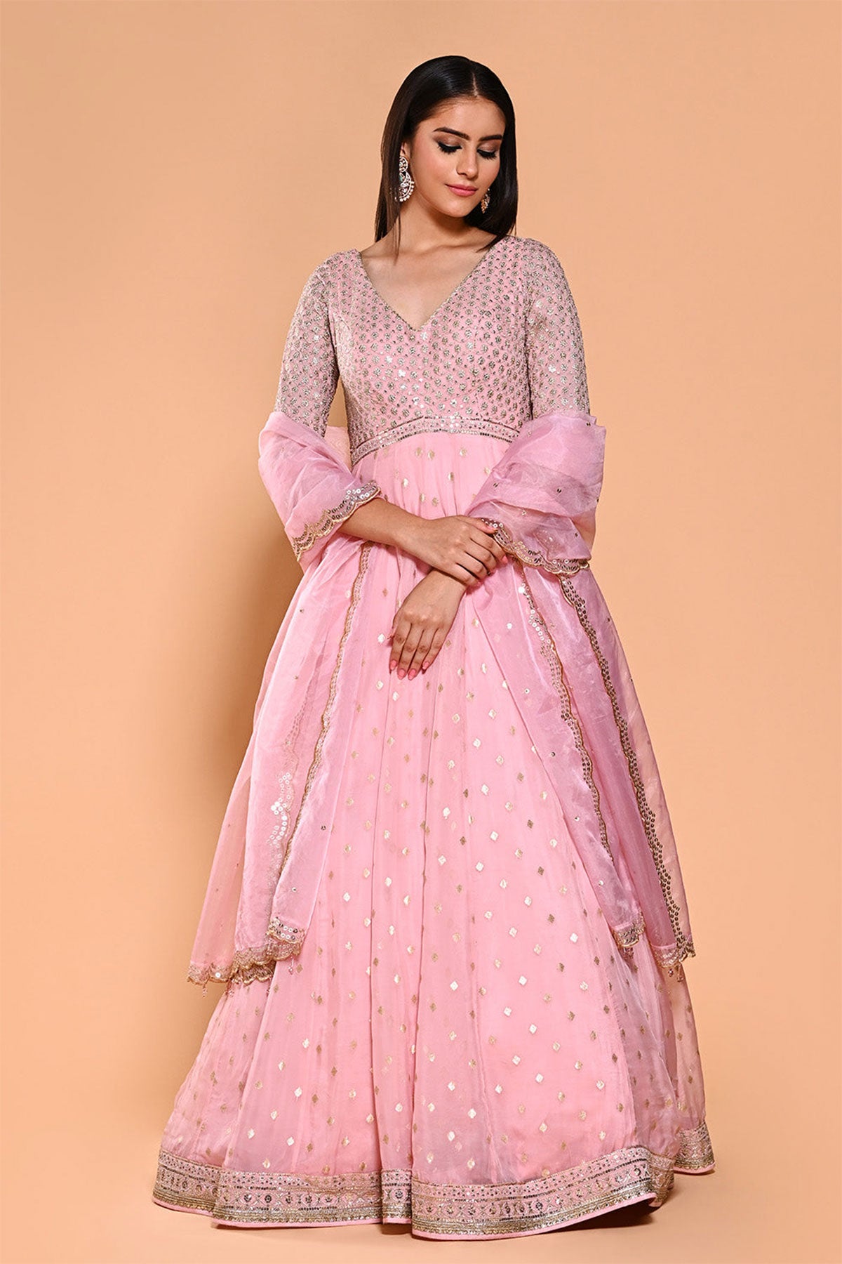 Pink Organza Zari & Sequins Embroidered Suit