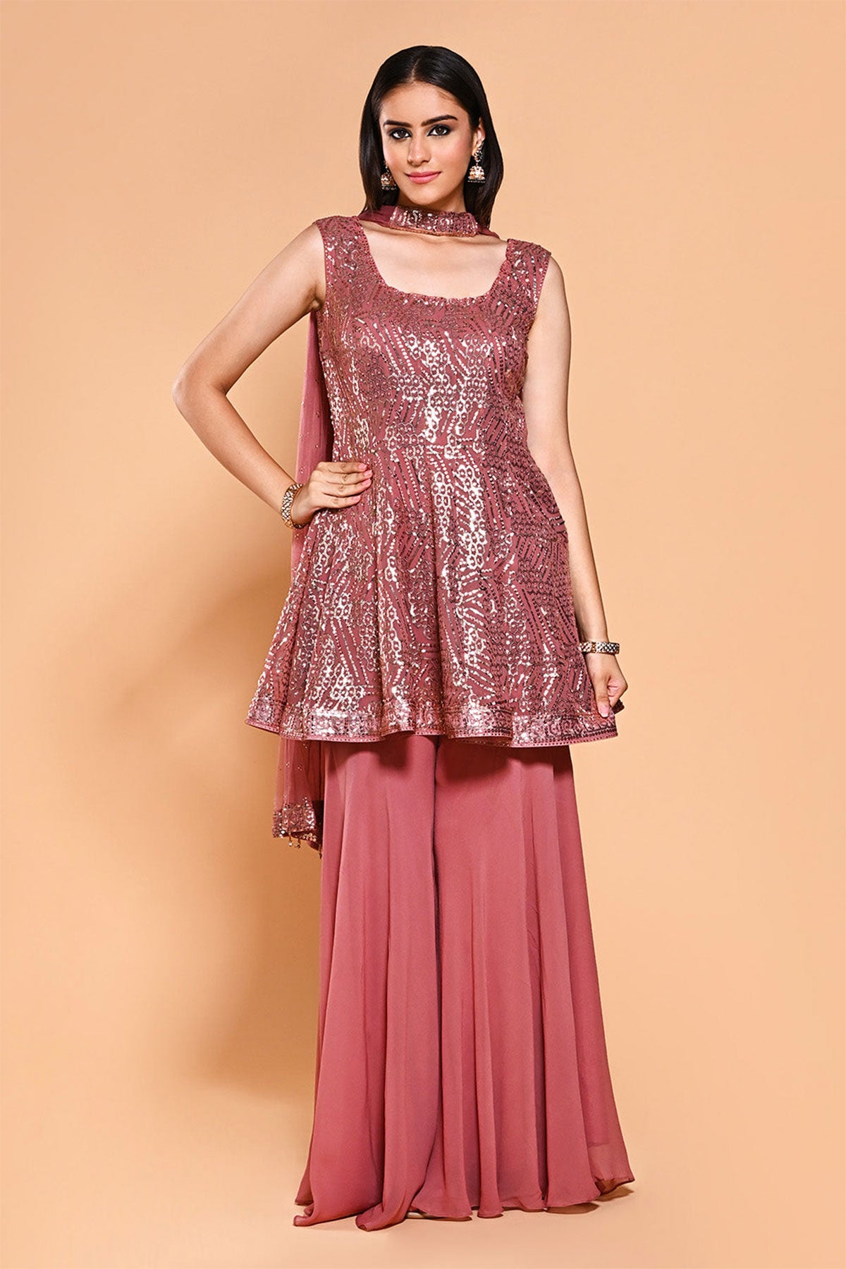 Dusty Pink Georgette Sequin Embroidered Peplum Sharara Suit