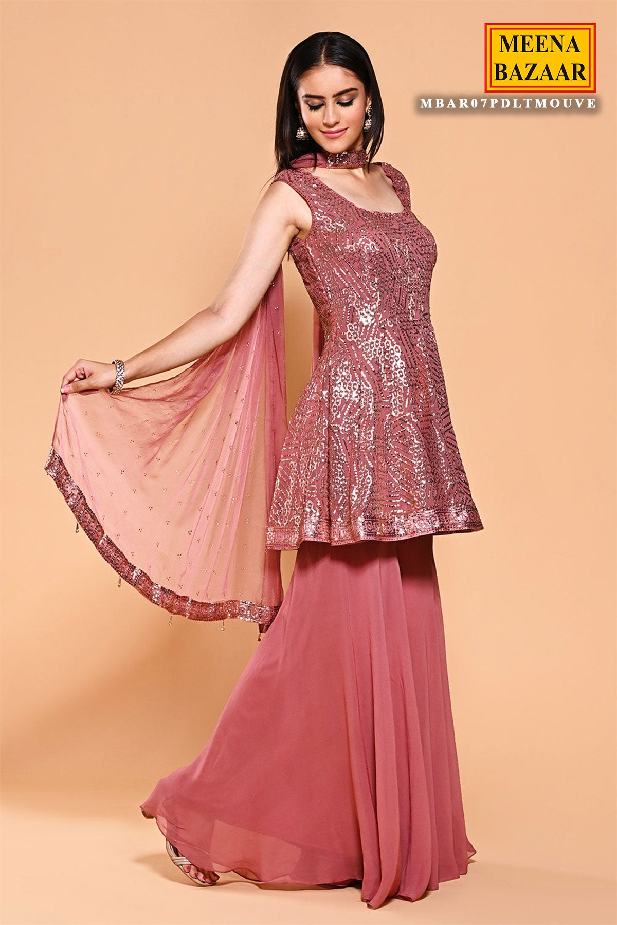 Dusty Pink Georgette Sequin Embroidered Peplum Sharara Suit