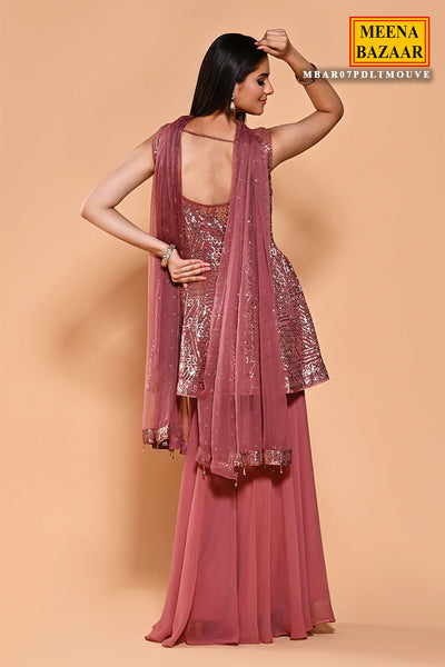 Dusty Pink Georgette Sequin Embroidered Peplum Sharara Suit