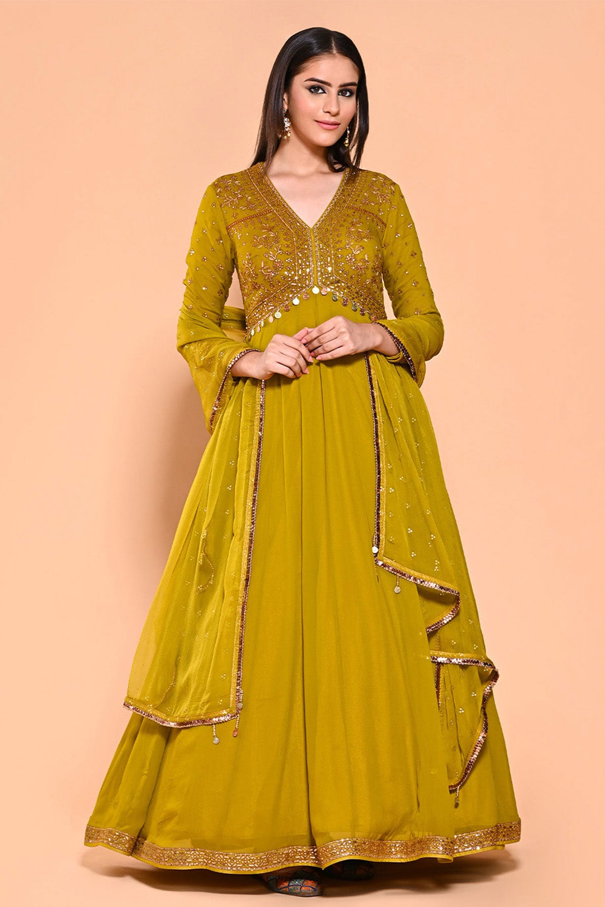 Mehandi Georgette Thread, Zari Embroidered Anarkali Suit