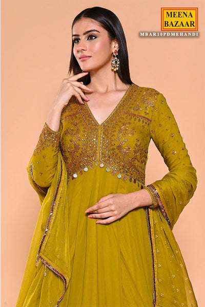 Mehandi Georgette Thread, Zari Embroidered Anarkali Suit