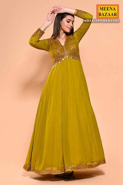 Mehandi Georgette Thread, Zari Embroidered Anarkali Suit