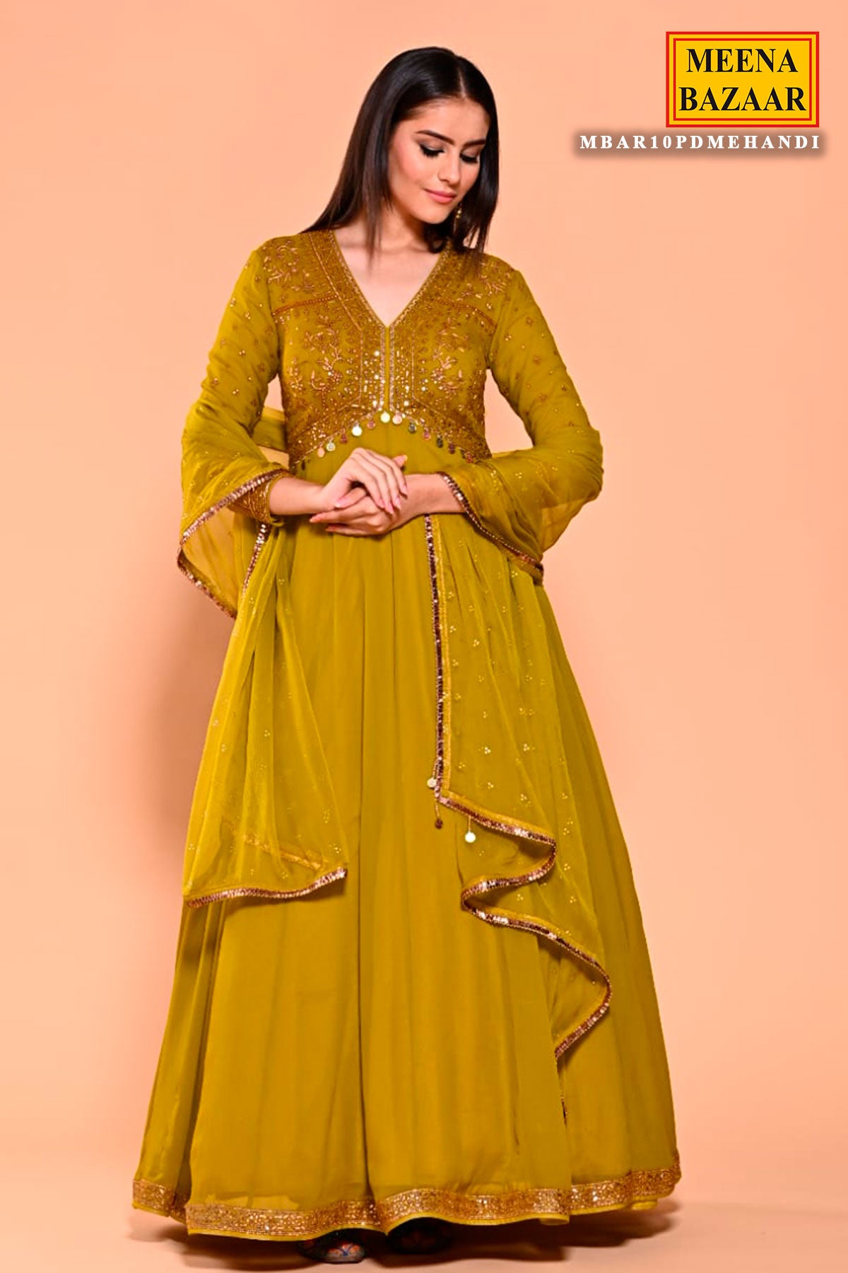 Mehandi Georgette Thread, Zari Embroidered Anarkali Suit