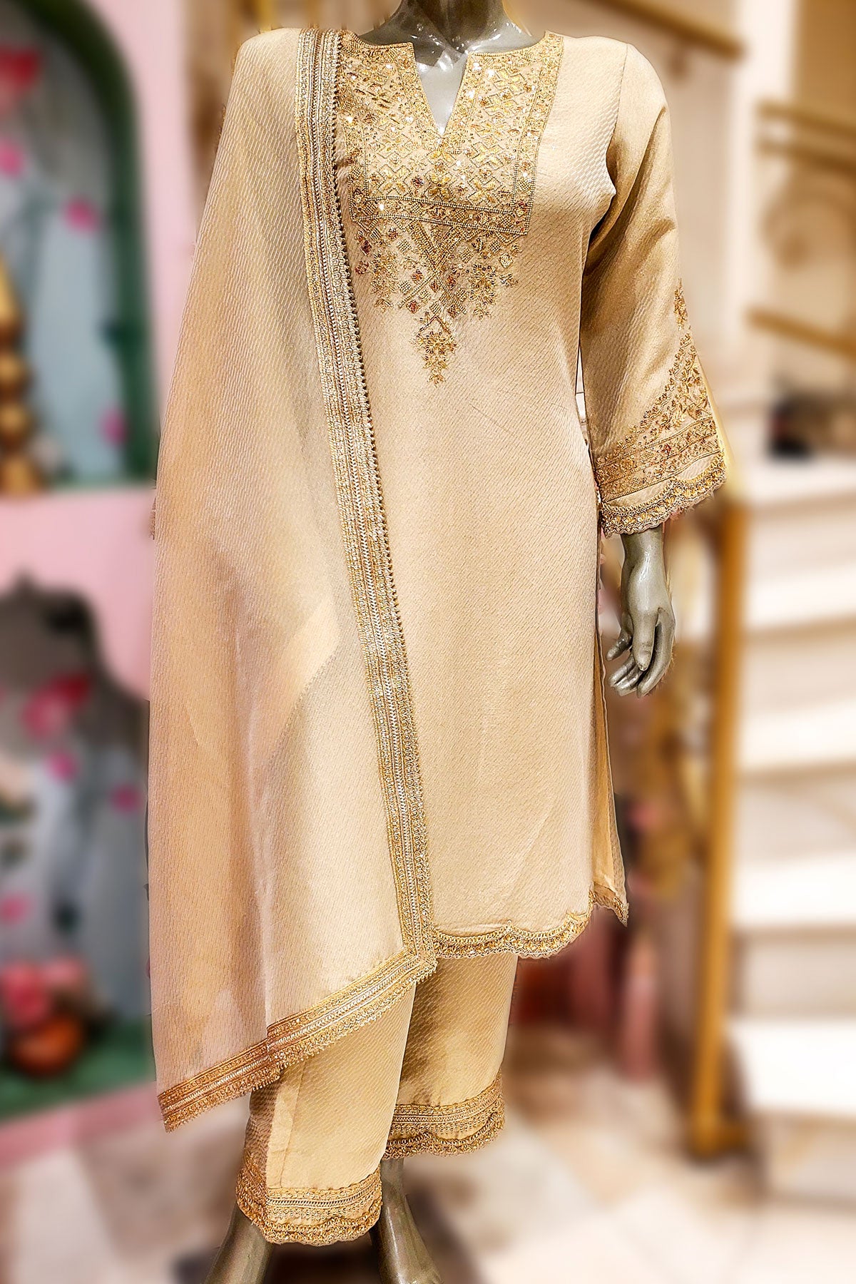 Golden Embroidered Straight Ready Made Suit