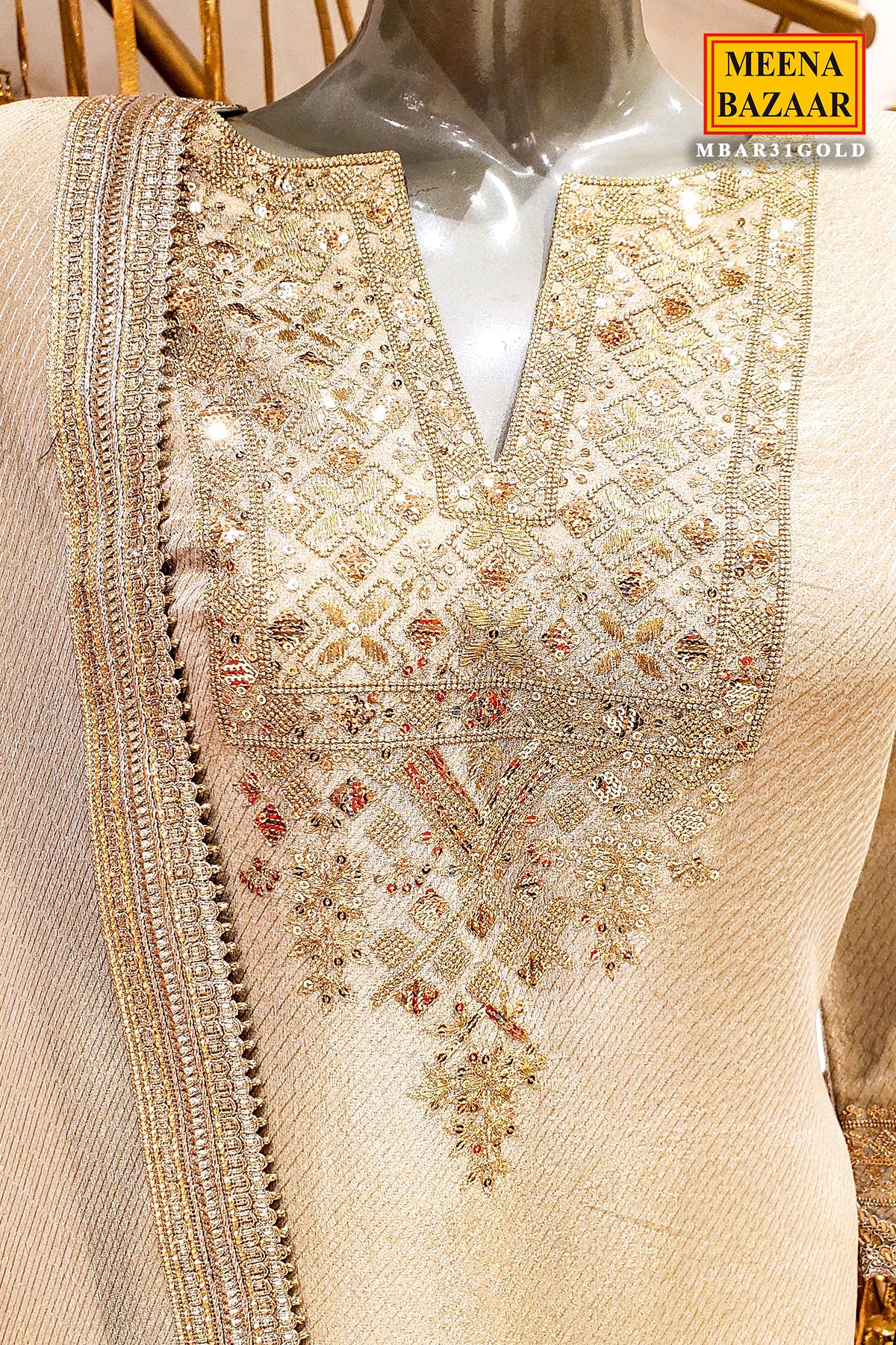 Golden Embroidered Straight Ready Made Suit