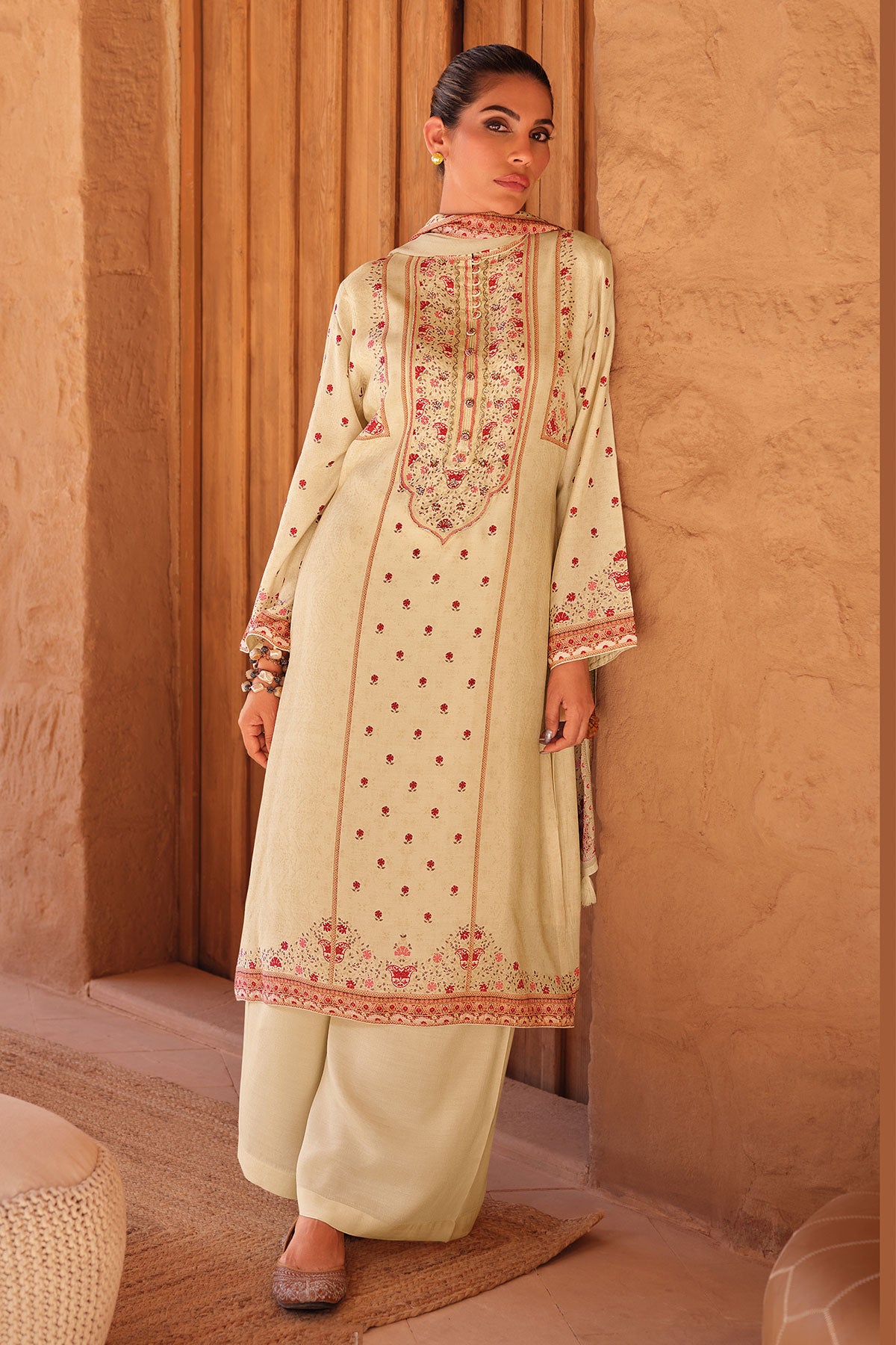 Cream Cotton Printed Embroidered Suit Set