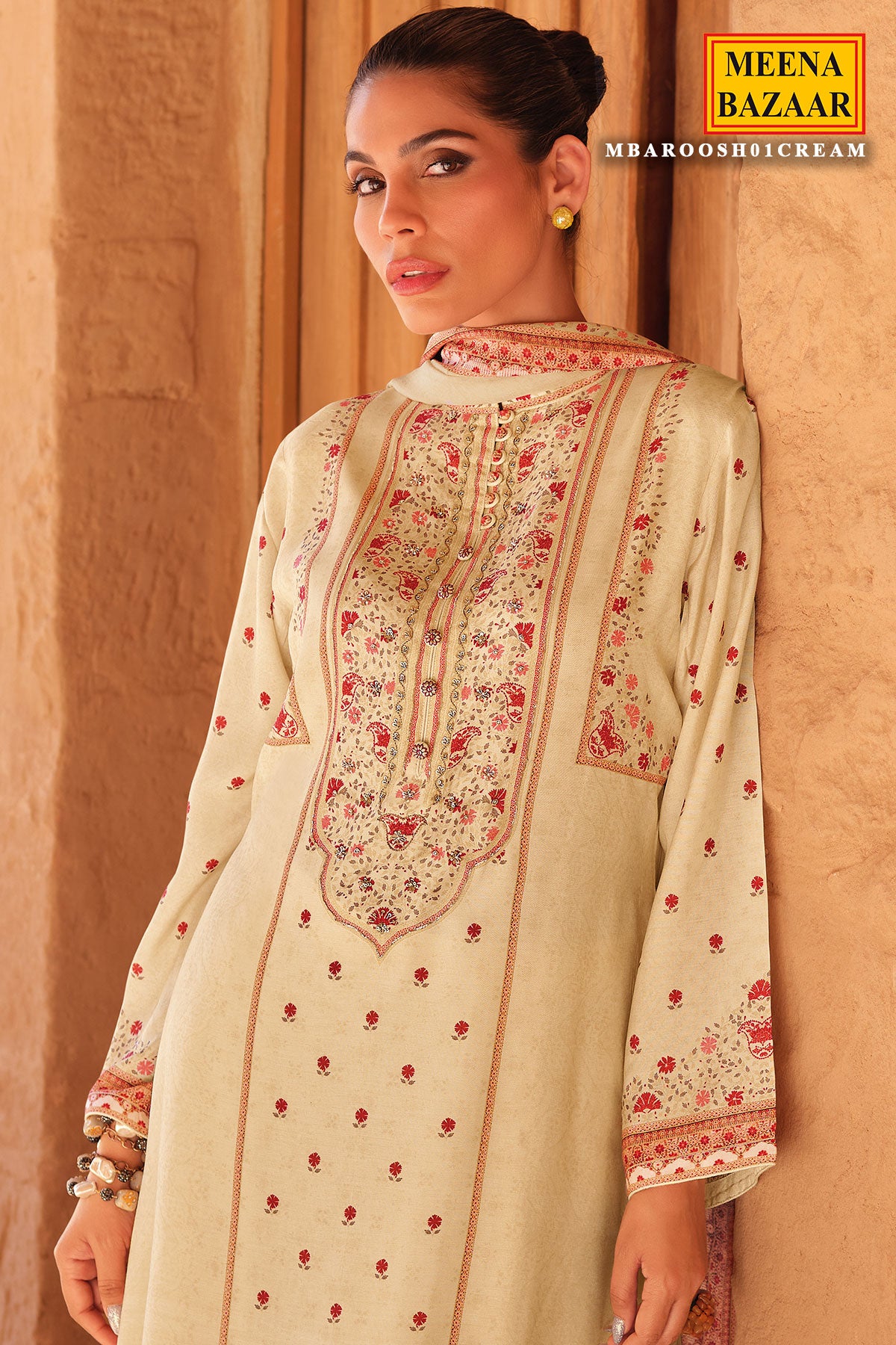 Cream Cotton Printed Embroidered Suit Set