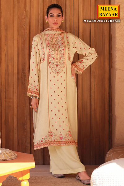 Cream Cotton Printed Embroidered Suit Set