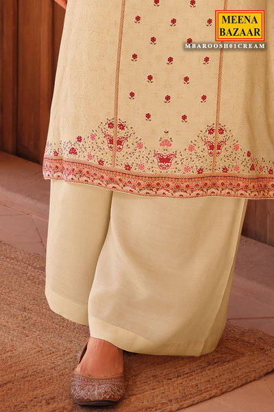 Cream Cotton Printed Embroidered Suit Set