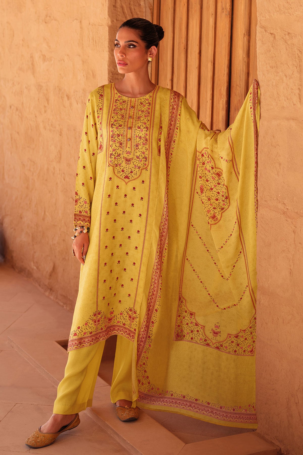 Mustard Cotton Printed Embroidered Suit Set