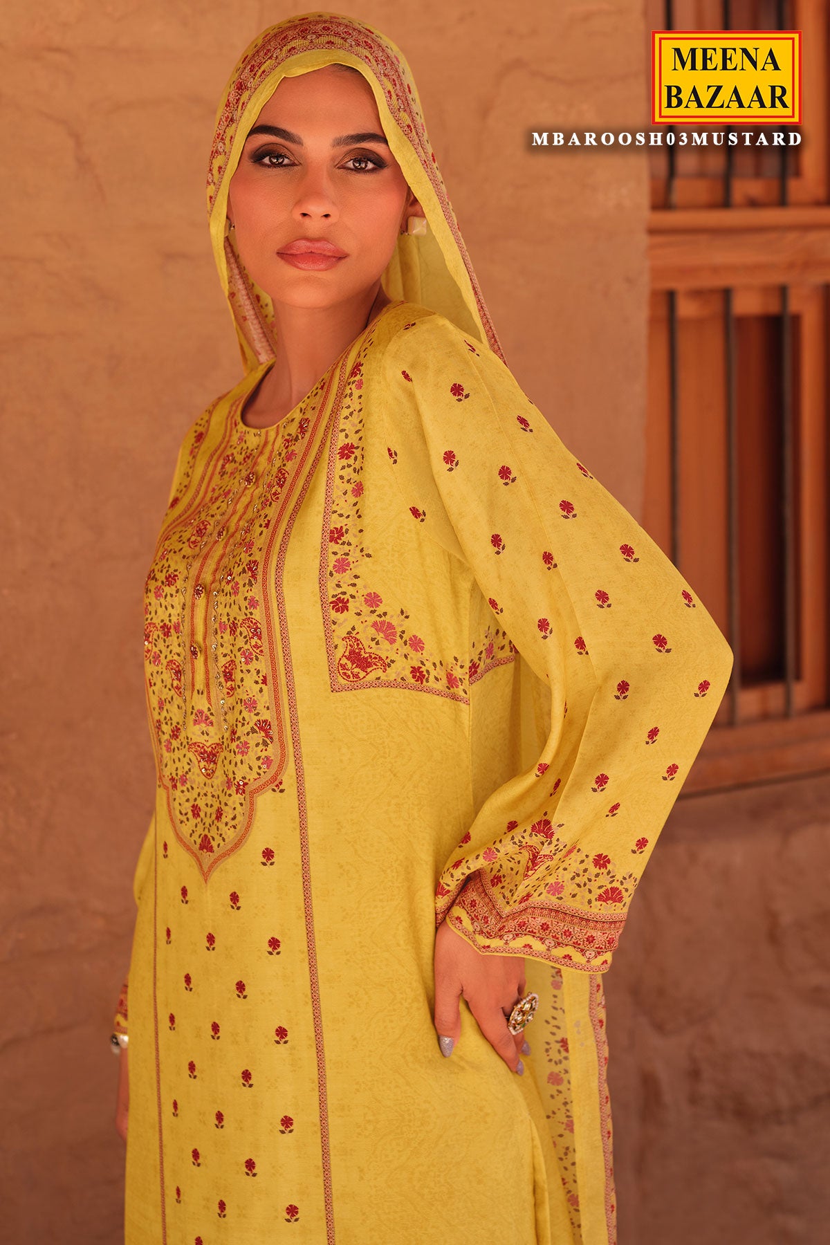 Mustard Cotton Printed Embroidered Suit Set