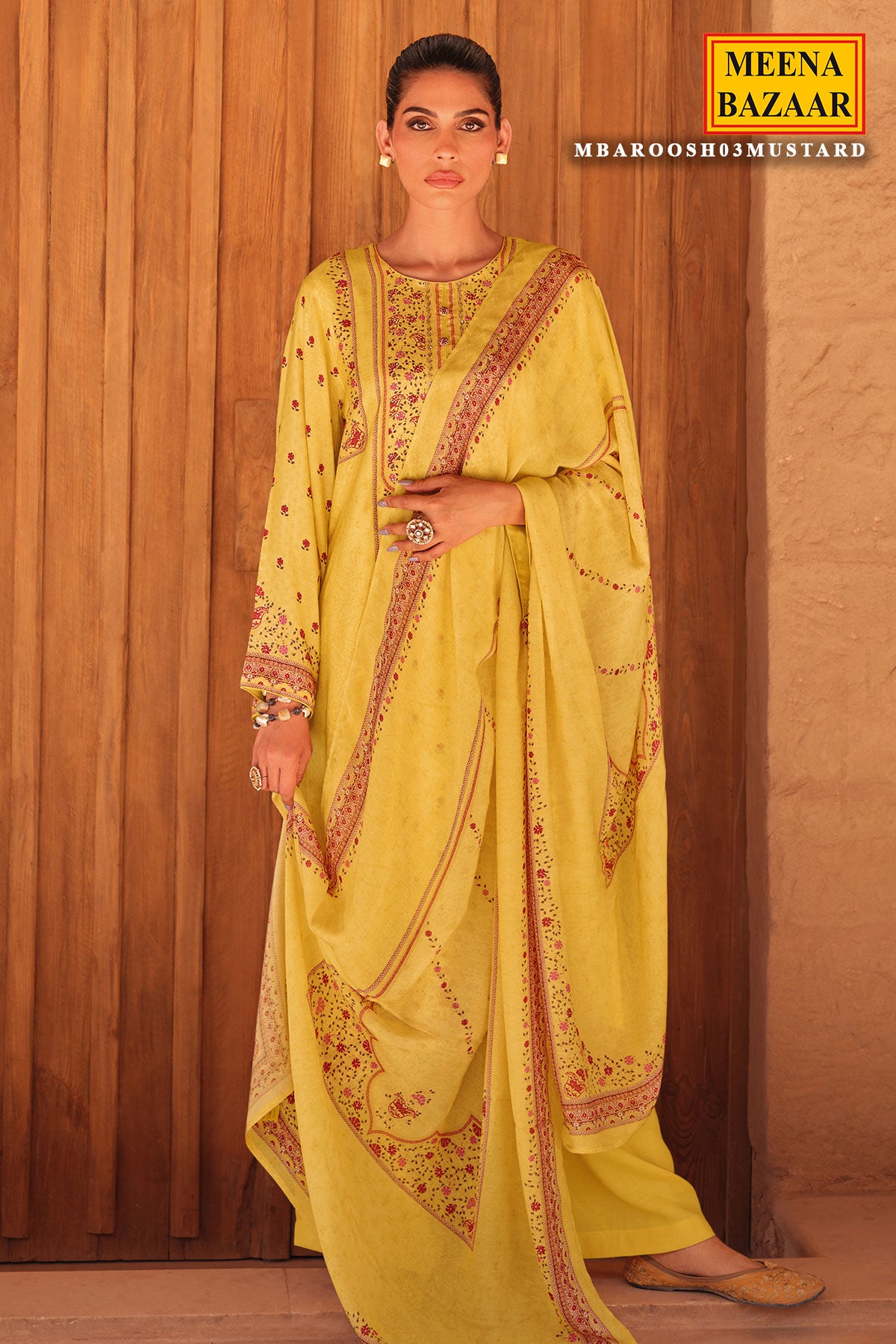 Mustard Cotton Printed Embroidered Suit Set