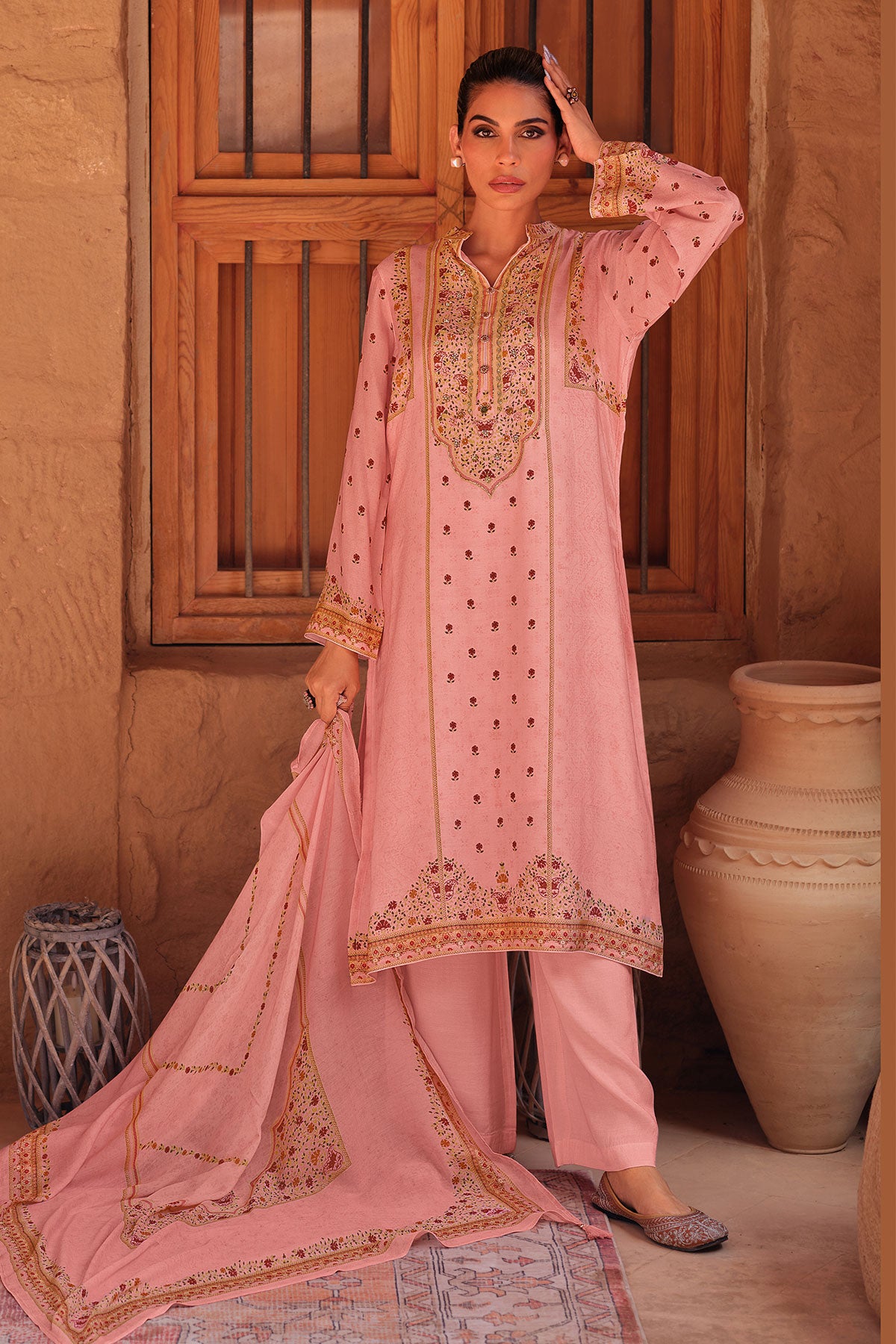 Pink Cotton Printed Embroidered Suit Set