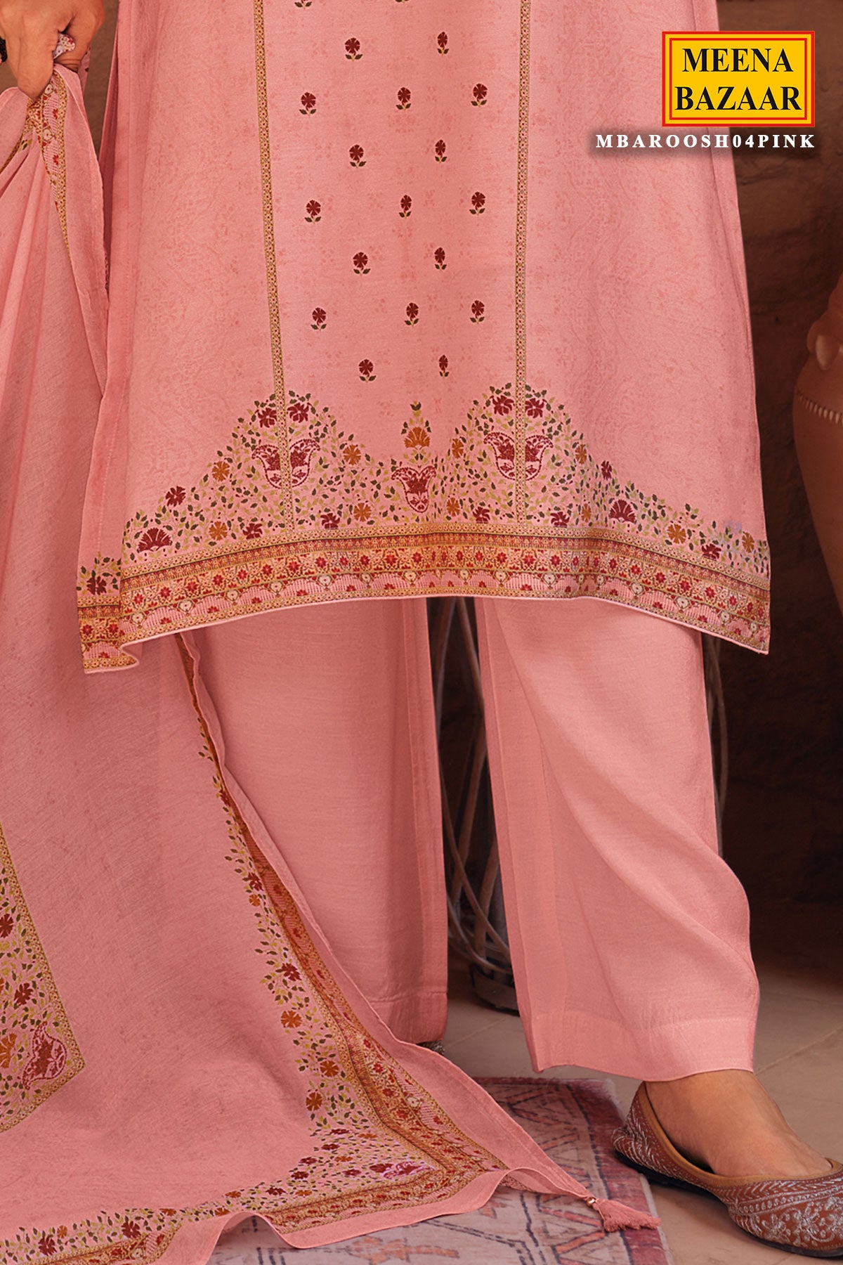 Pink Cotton Printed Embroidered Suit Set