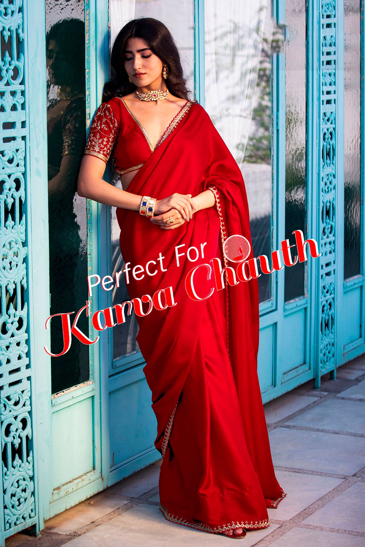 Red Satin Embroidered Saree