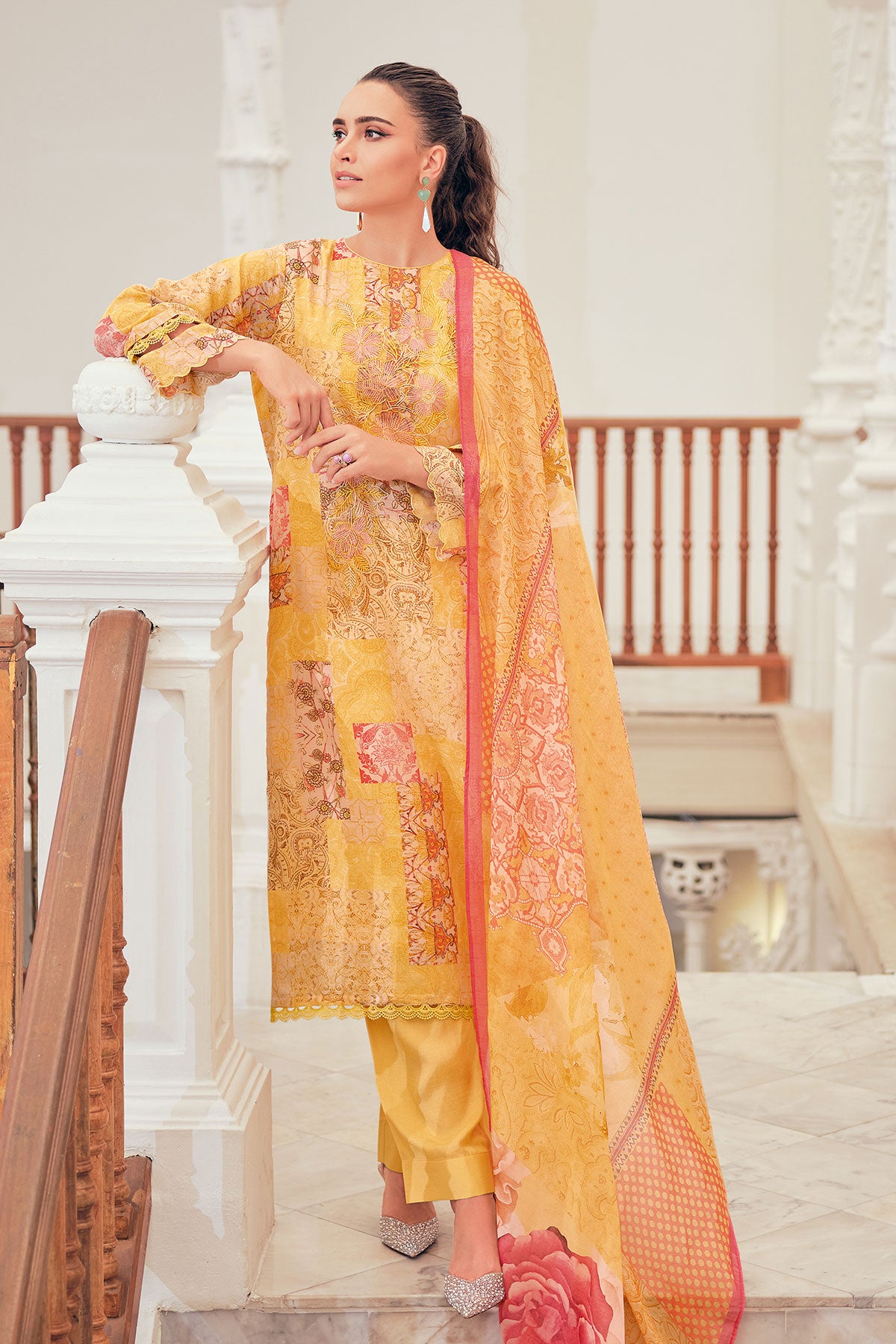 Mustard Cotton Linen Floral Unstitched Suit Set