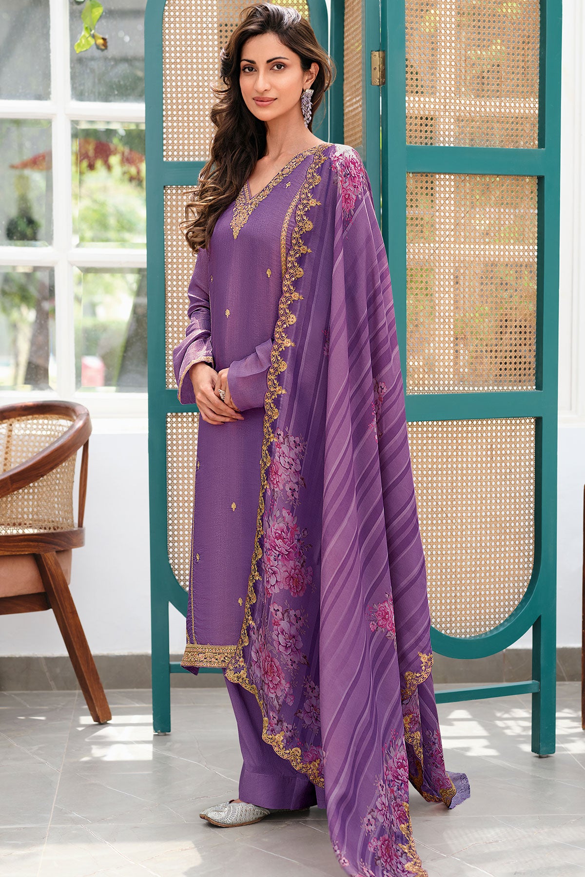 Mauve Shimmer Tissue Zari Sequin Embroidered Suit Set