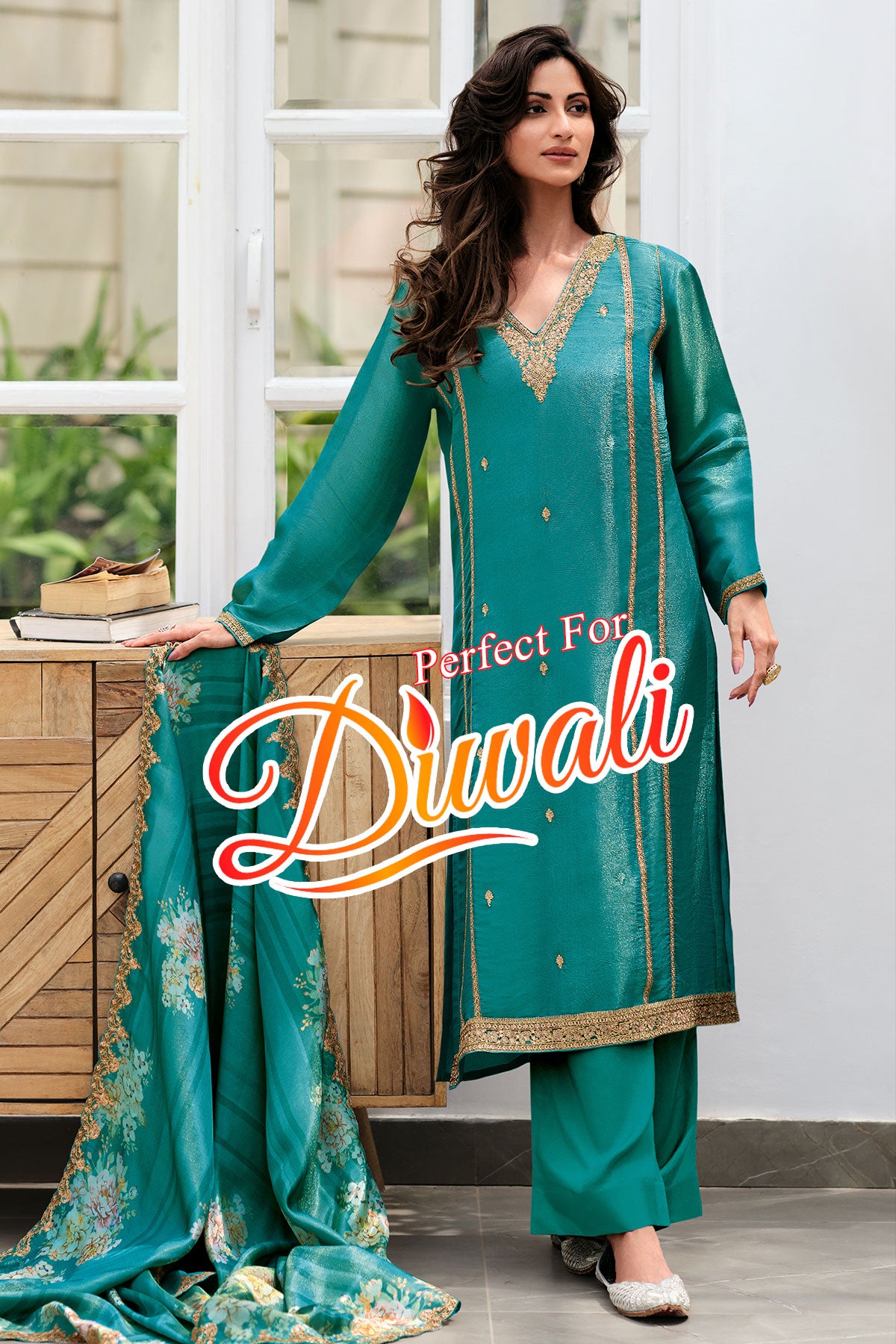 Firozi Shimmer Tissue Zari Sequin Embroidered Suit Set