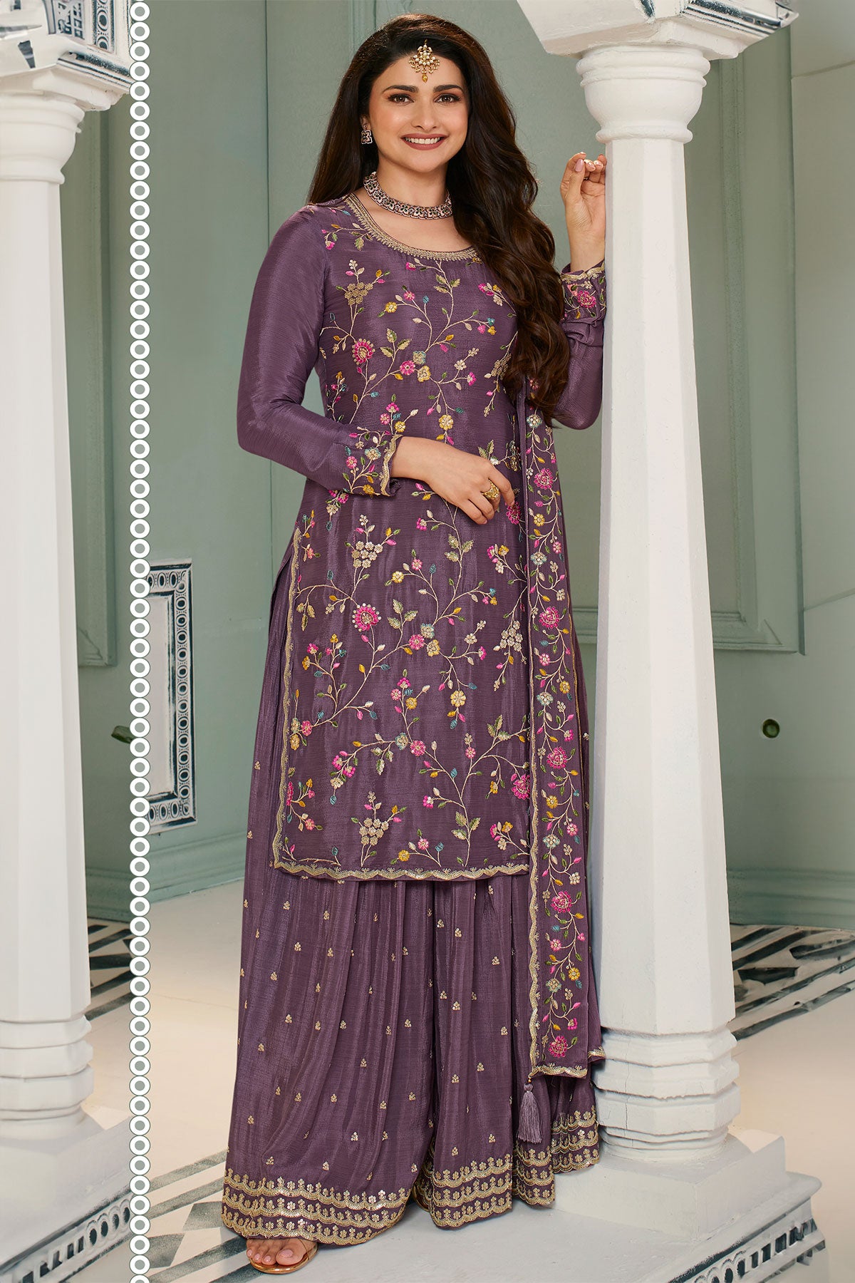 Mauve Blended Silk Floral Threadwork Sequins and Zari Embroidered Sharara Suit Set