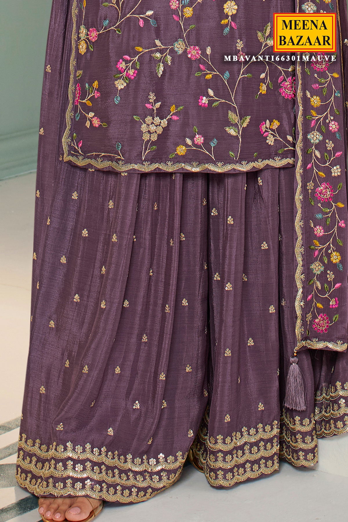 Mauve Blended Silk Floral Threadwork Sequins and Zari Embroidered Sharara Suit Set