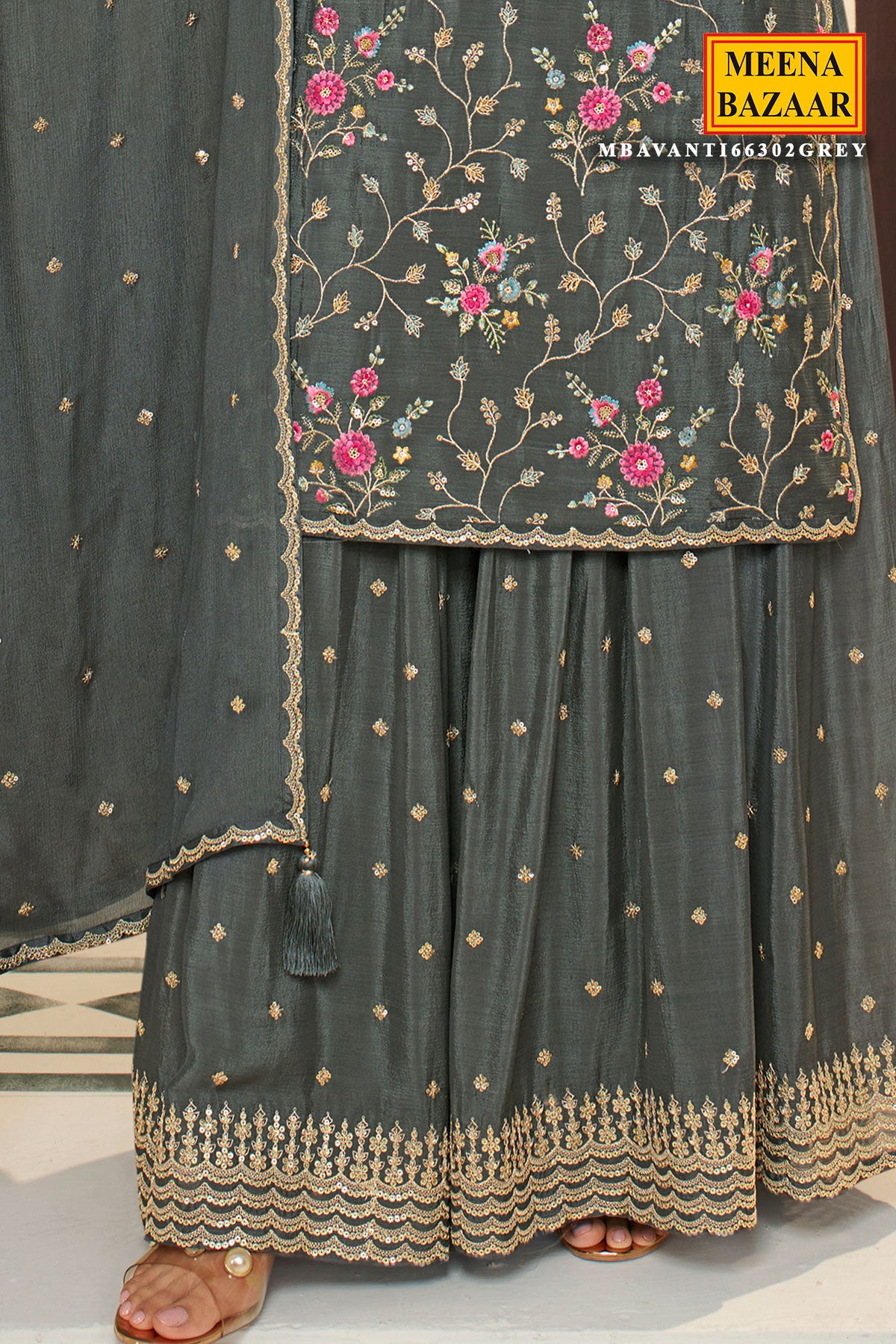 Grey Blended Silk Floral Threadwork Sequins and Zari Embroidered Sharara Suit Set
